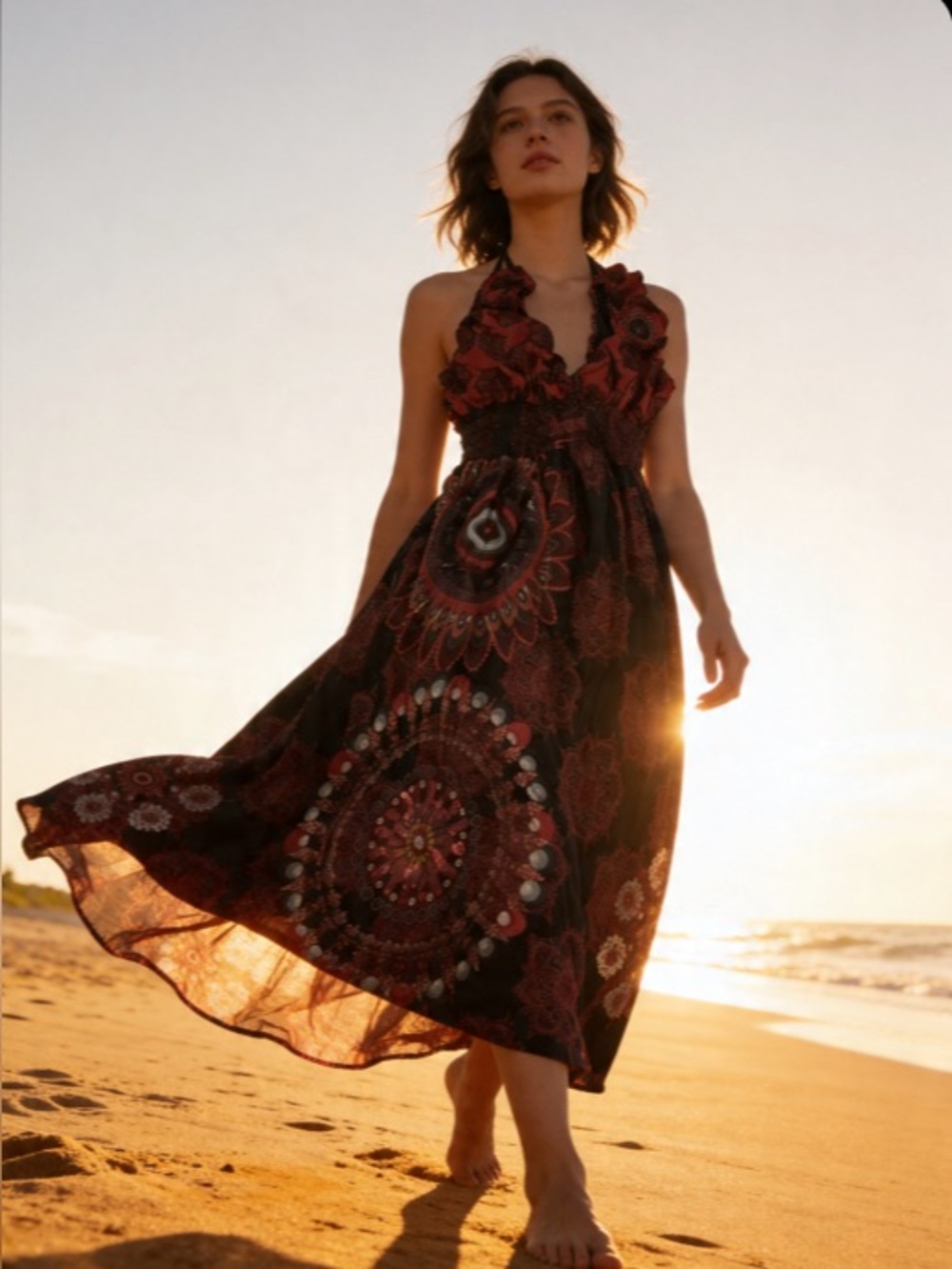 Desigual Red + Black MidiDress - Romantic Dark Medallion Boho Chic